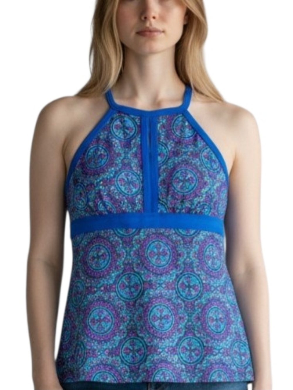 Lands' End Keyhole High Neck Tankini Top Fresh Boreal Blue Medallion Print 2P